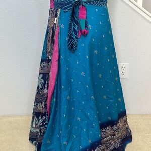 Reversible, dual-pattern Indian silk wrap skirt with blue oceanic tones